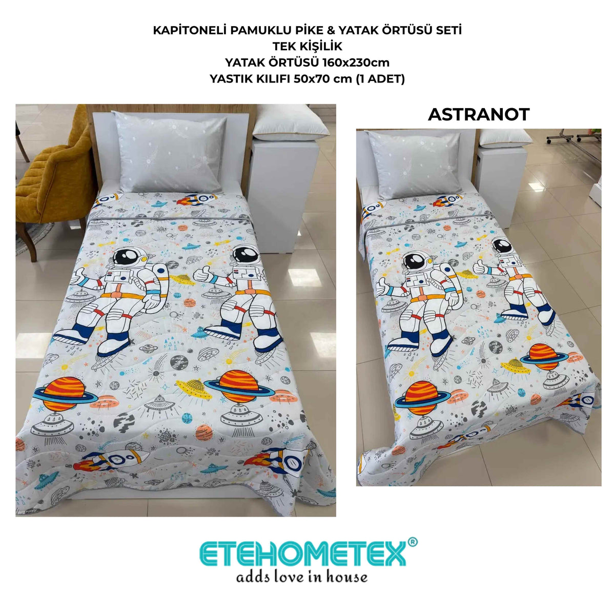 ETEHOMETEX Pamuklu Kapitoneli Yatak Örtüsü Seti TEK KİŞİLİK ASTRANOT GRİ 8696474232103