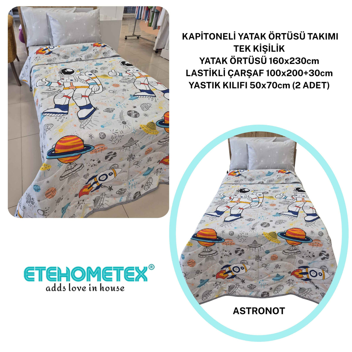 ETEHOMETEX Pamuklu Kapitoneli Yatak Örtüsü TAKIMI TEK KİŞİLİK ASTRANOT 8696474232128