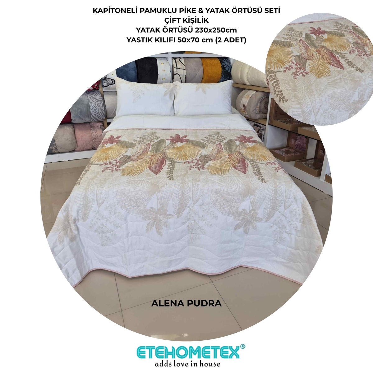 ETEHOMETEX Battal Boy Pamuklu Kapitoneli Yatak Örtüsü Seti ALENA PUDRA 8696474232097