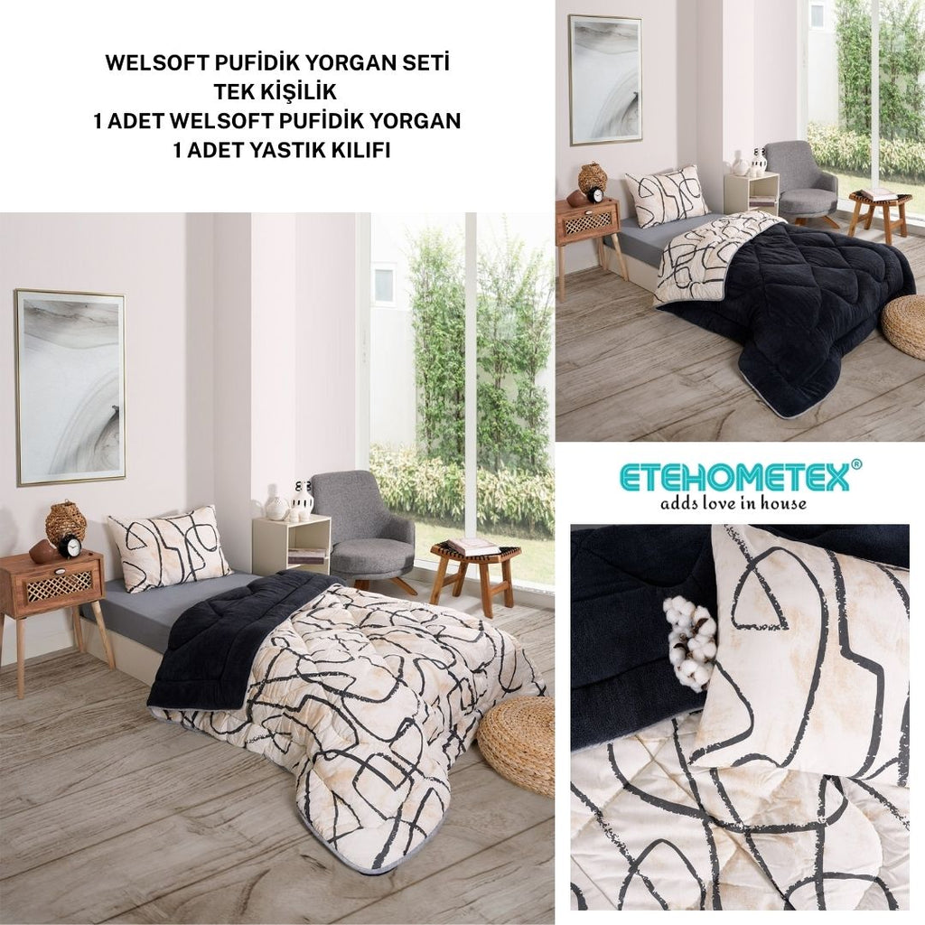 ETE HOMETEX TEK KİŞİLİK LÜX WELSOFT YORGAN SETİ EFEKT ANTRASİT 155X215CM 8696474231965