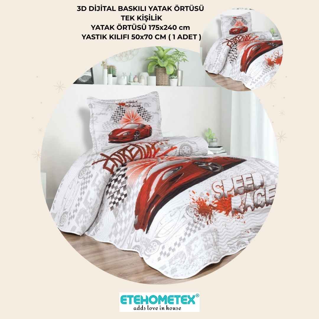 ETEHOMETEX TEK KİŞİLİK 3D DİJİTAL BASKILI YATAK ÖRTÜSÜ FAST CAR 8696474232039