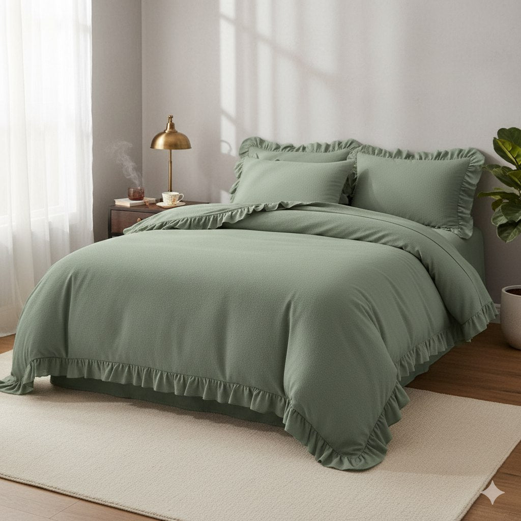 ETEHOMETEX %100 Doğal Pamuk Tek Kişilik Fırfırlı Nevresim Seti 160x220 cm YEŞİL 8696474232068