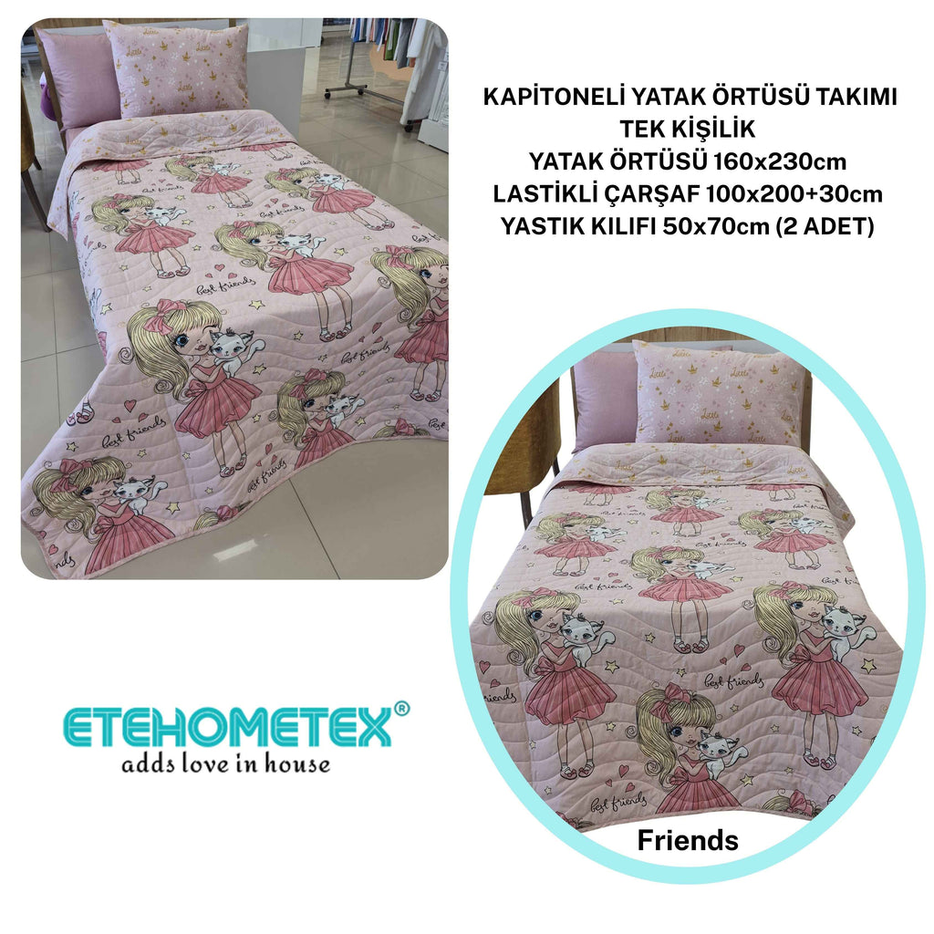 ETEHOMETEX Pamuklu Kapitoneli Yatak Örtüsü TAKIMI TEK KİŞİLİK Friends 8696474232122