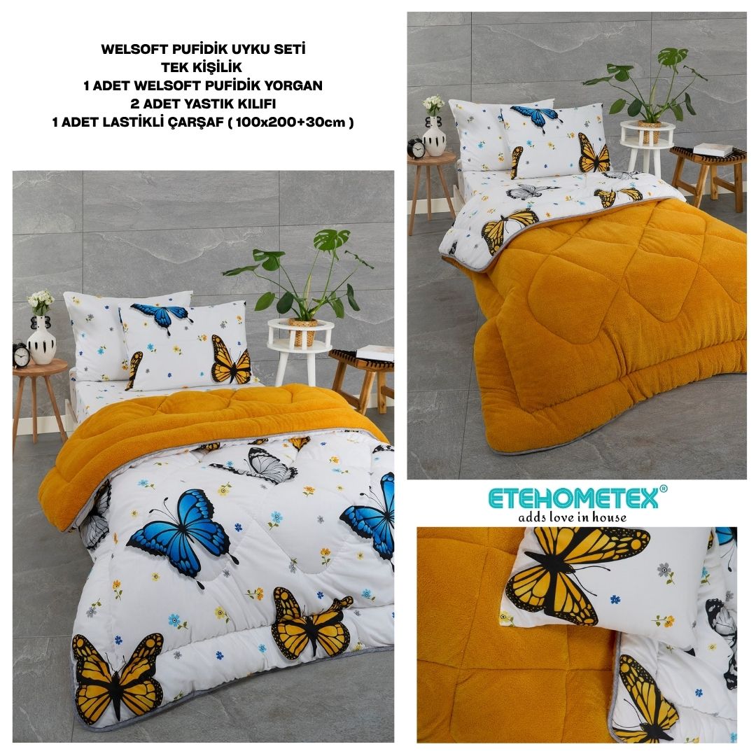 ETE HOMETEX TEK KİŞİLİK WELSOFT UYKU SETİ KELEBEK HARDAL 8696474232012