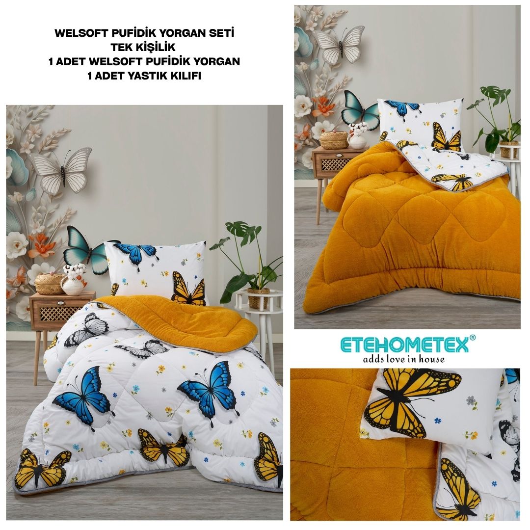ETE HOMETEX TEK KİŞİLİK LÜX WELSOFT YORGAN SETİ KELEBEK HARDAL155X215CM 8696474232008