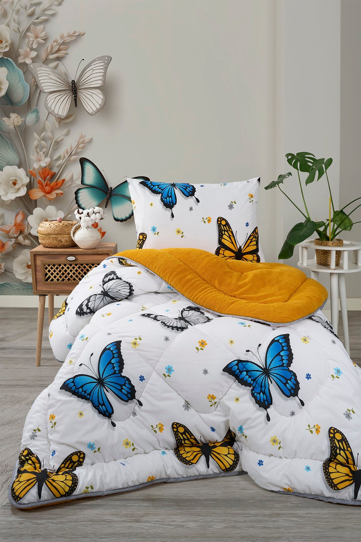 ETE HOMETEX TEK KİŞİLİK LÜX WELSOFT YORGAN SETİ KELEBEK HARDAL155X215CM 8696474232008