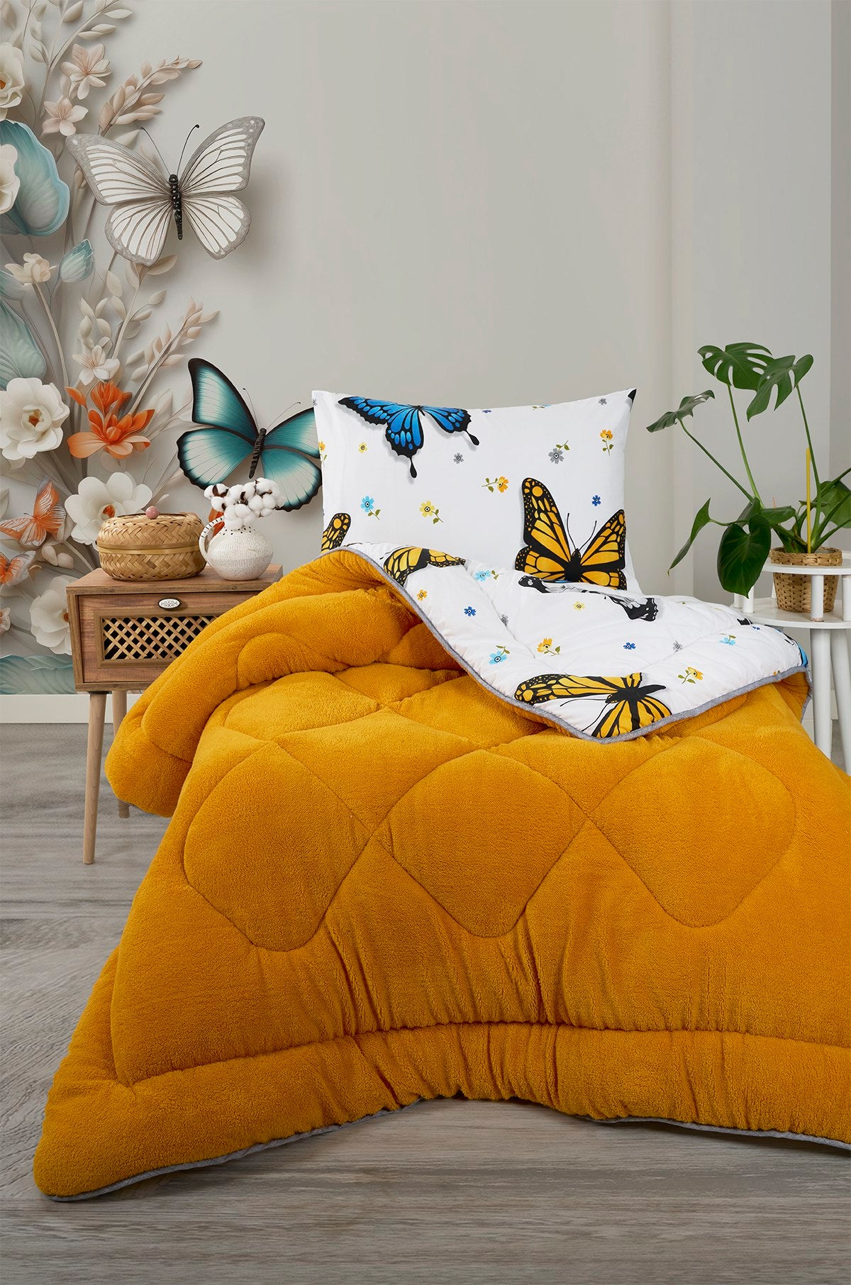 ETE HOMETEX TEK KİŞİLİK LÜX WELSOFT YORGAN SETİ KELEBEK HARDAL155X215CM 8696474232008