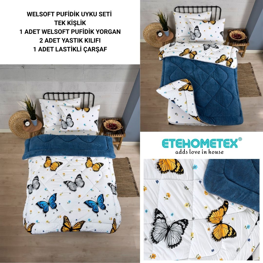 ETE HOMETEX TEK KİŞİLİK WELSOFT UYKU SETİ KELEBEK İNDİGO 8696474232013