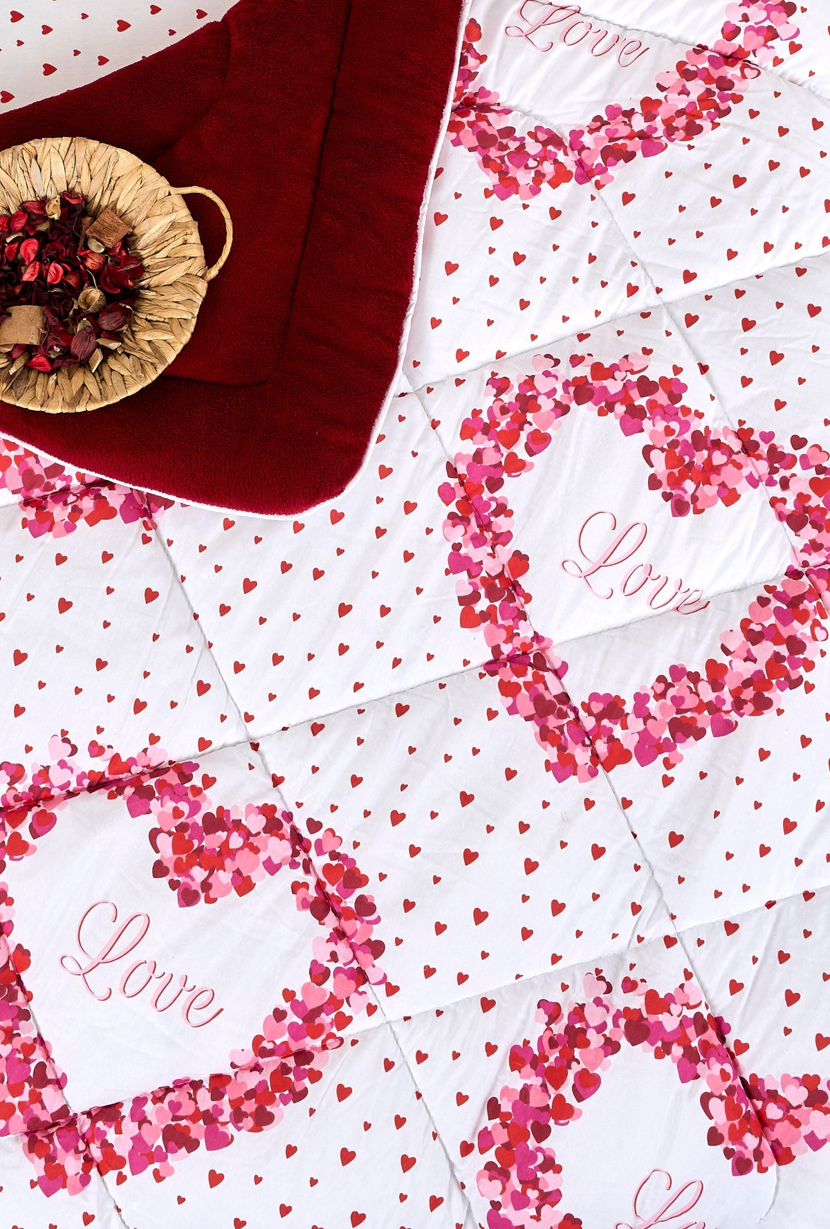 ETE HOMETEX TEK KİŞİLİK LÜX WELSOFT YORGAN SETİ LOVE BORDO 155X215CM 8696474231966