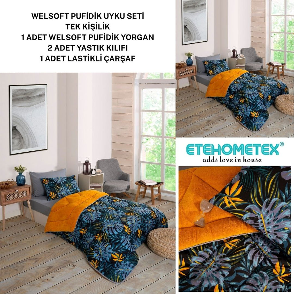 ETE HOMETEX TEK KİŞİLİK WELSOFT UYKU SETİ MONESTERA HARDAL 8696474232015