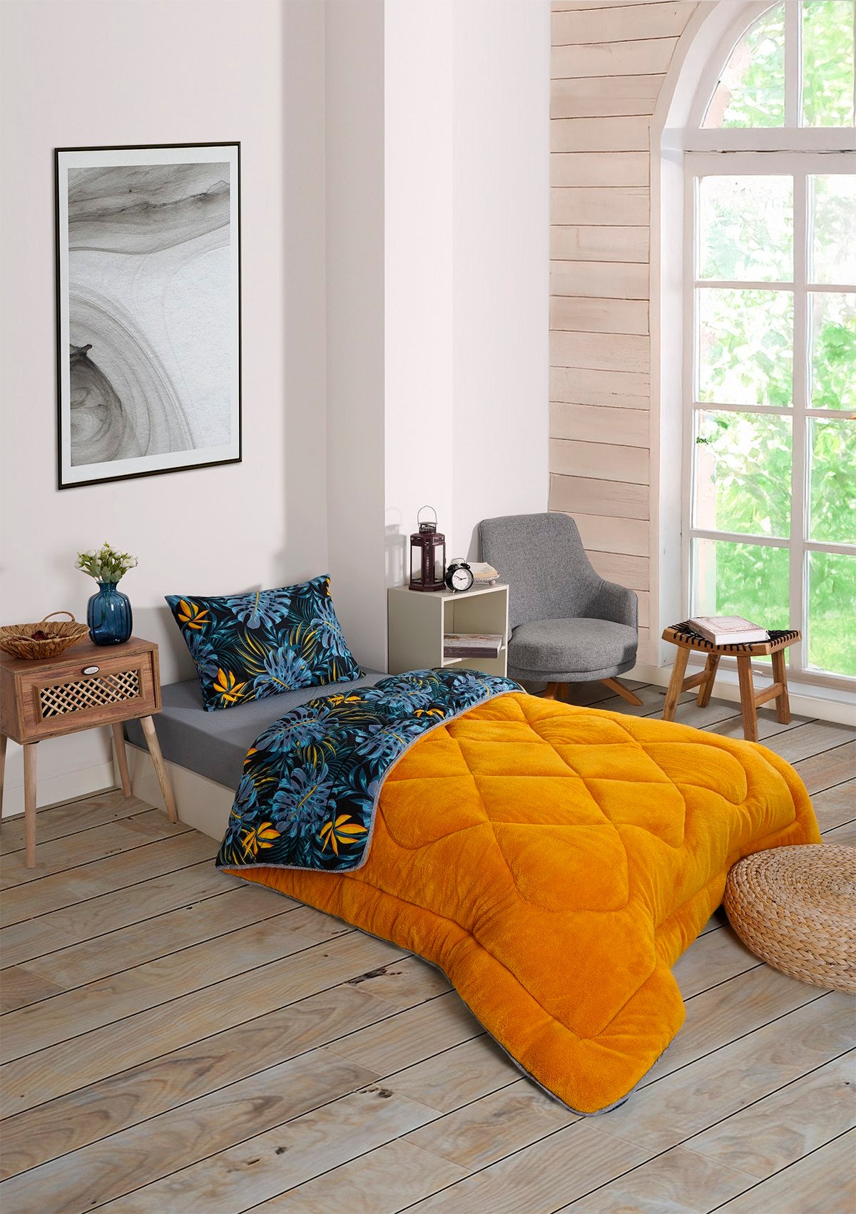 ETE HOMETEX TEK KİŞİLİK LÜX WELSOFT YORGAN SETİ MONESTERA HARDAL 155X215CM 8696474231960