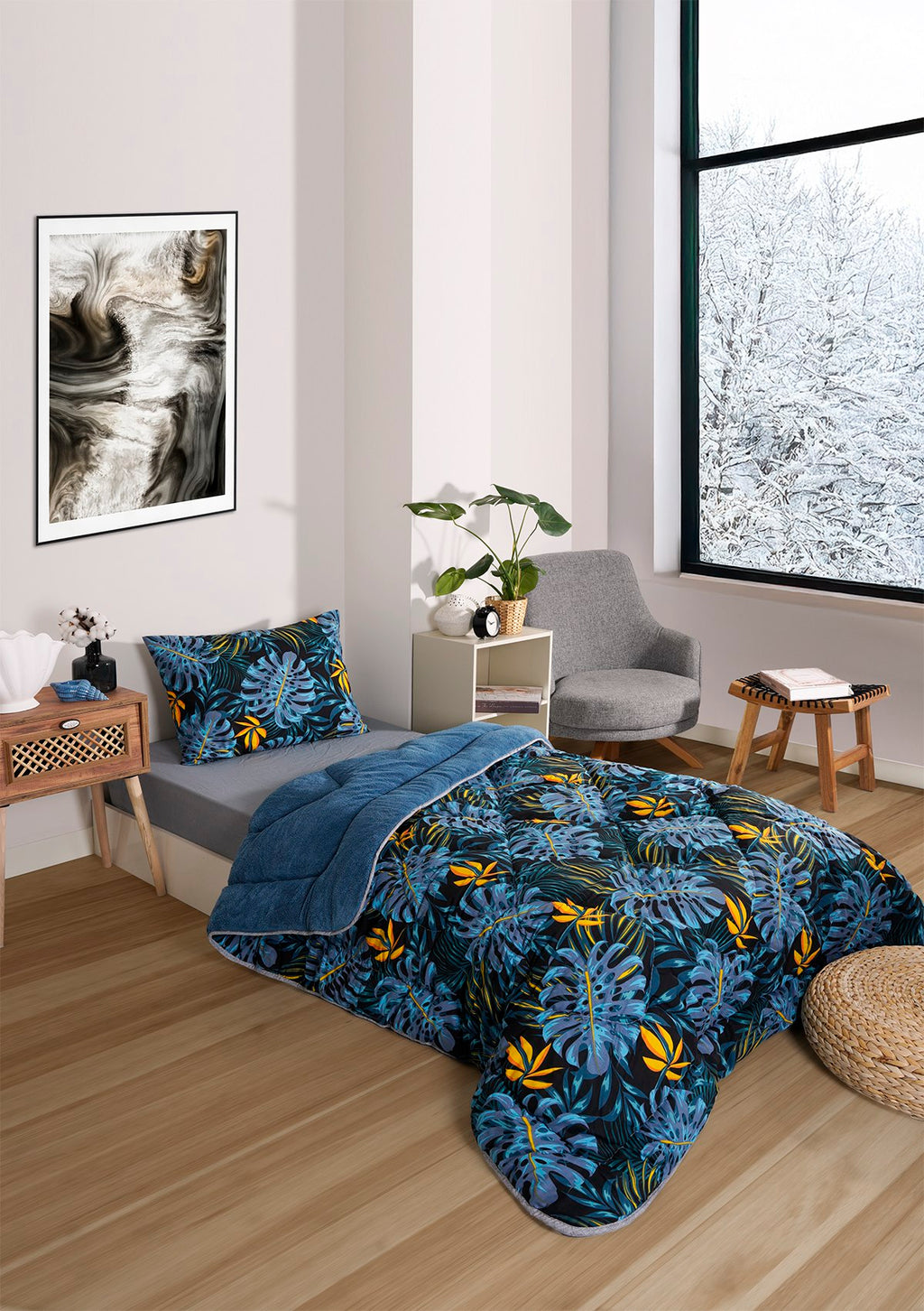 ETE HOMETEX TEK KİŞİLİK LÜX WELSOFT YORGAN SETİ MONESTERA İNDİGO 155X215CM 8696474231888