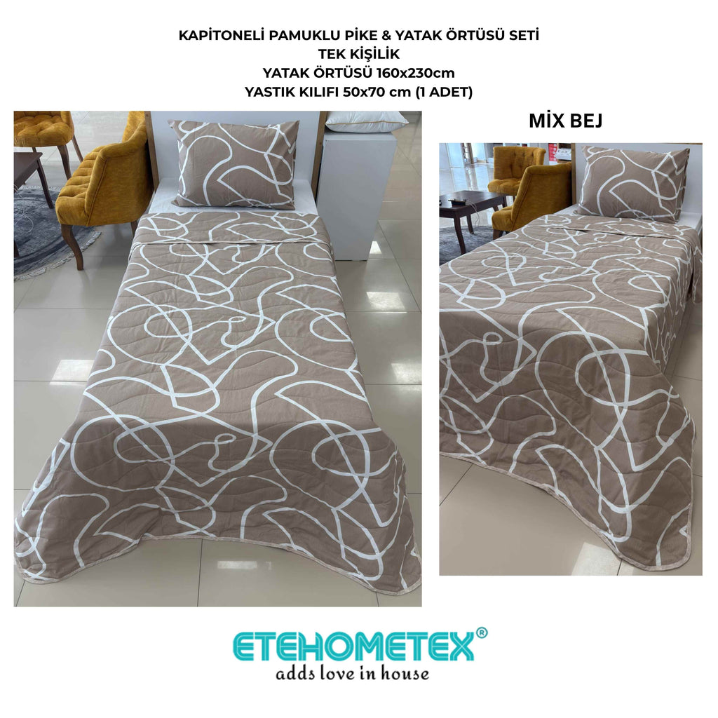 ETEHOMETEX Pamuklu Kapitoneli Yatak Örtüsü Seti TEK KİŞİLİK MİX BEJ 8696474232105