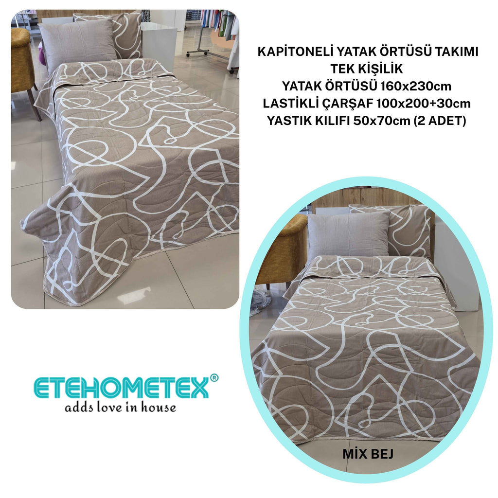 ETEHOMETEX Pamuklu Kapitoneli Yatak Örtüsü TAKIMI TEK KİŞİLİK MİX BEJ 8696474232124
