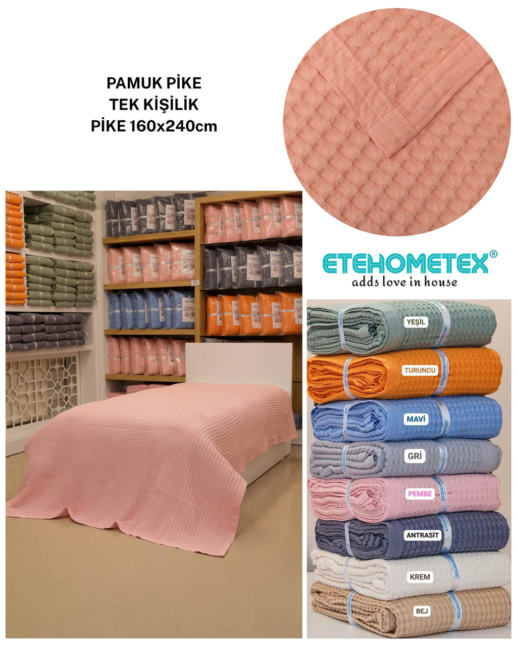 ETEHOMETEX HAVUZLU PİKE TEK KİŞİLİK 160X240CM PEMBE 8696474232080