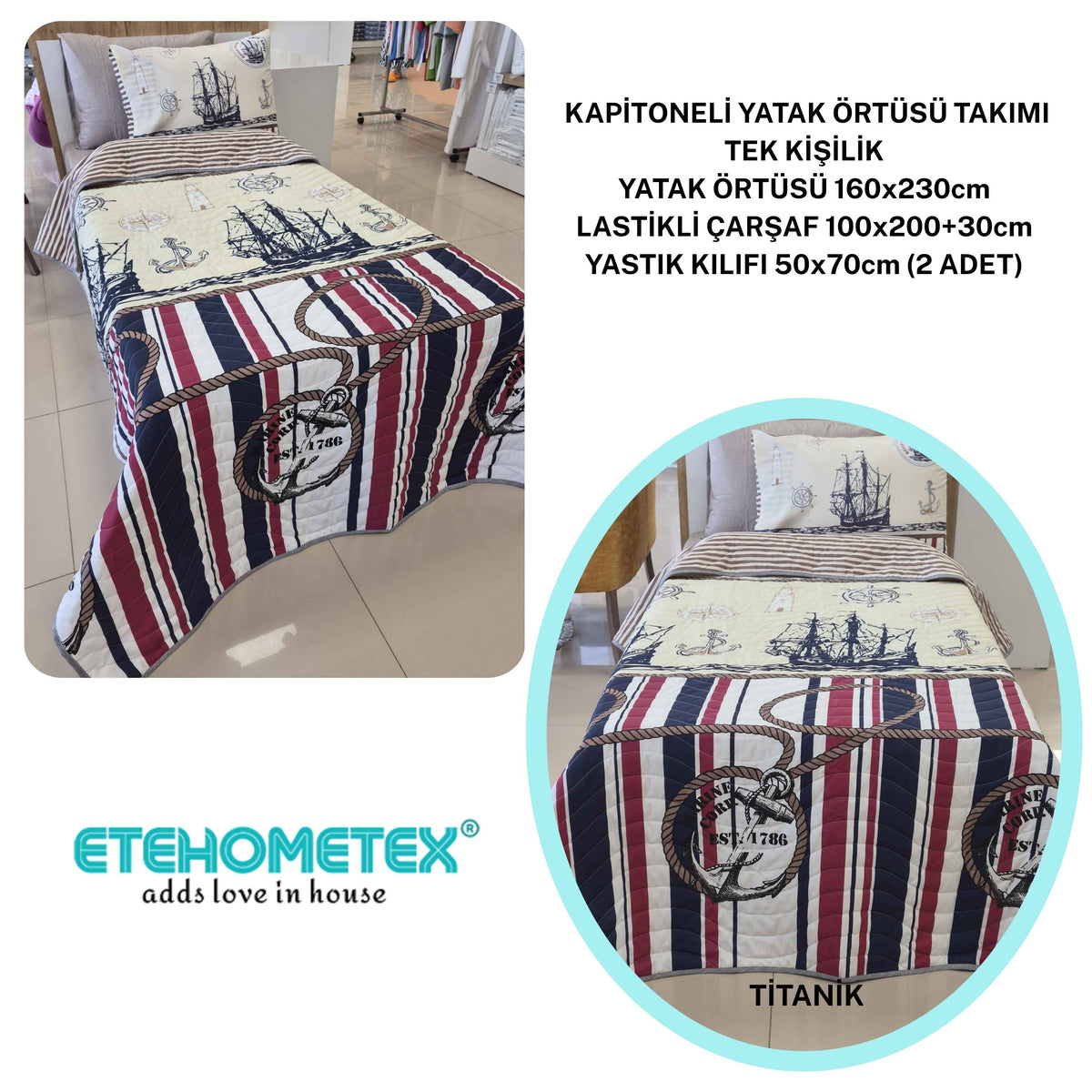 ETEHOMETEX Pamuklu Kapitoneli Yatak Örtüsü TAKIMI TEK KİŞİLİK TİTANİC 8696474232123