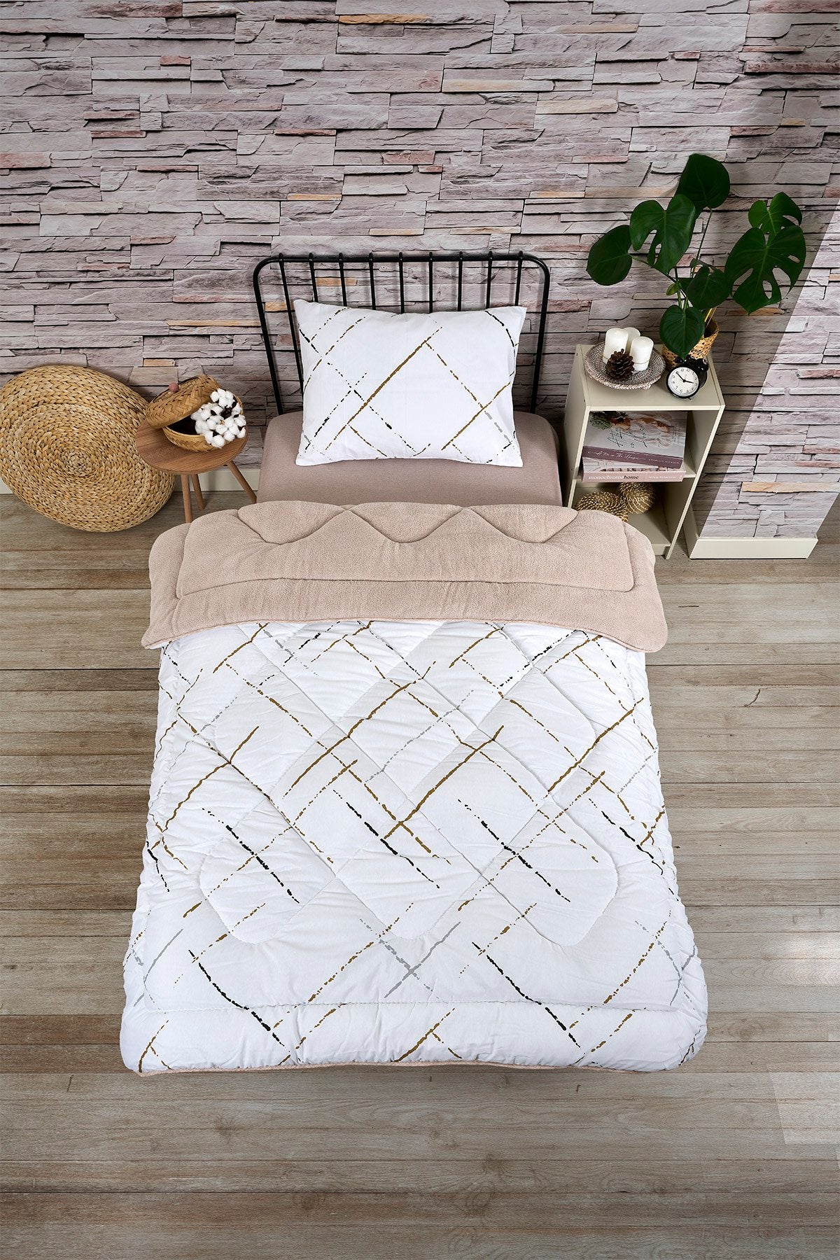 ETE HOMETEX TEK KİŞİLİK LÜX WELSOFT YORGAN SETİ YANSIMA BEJ 155X215CM 8696474231851